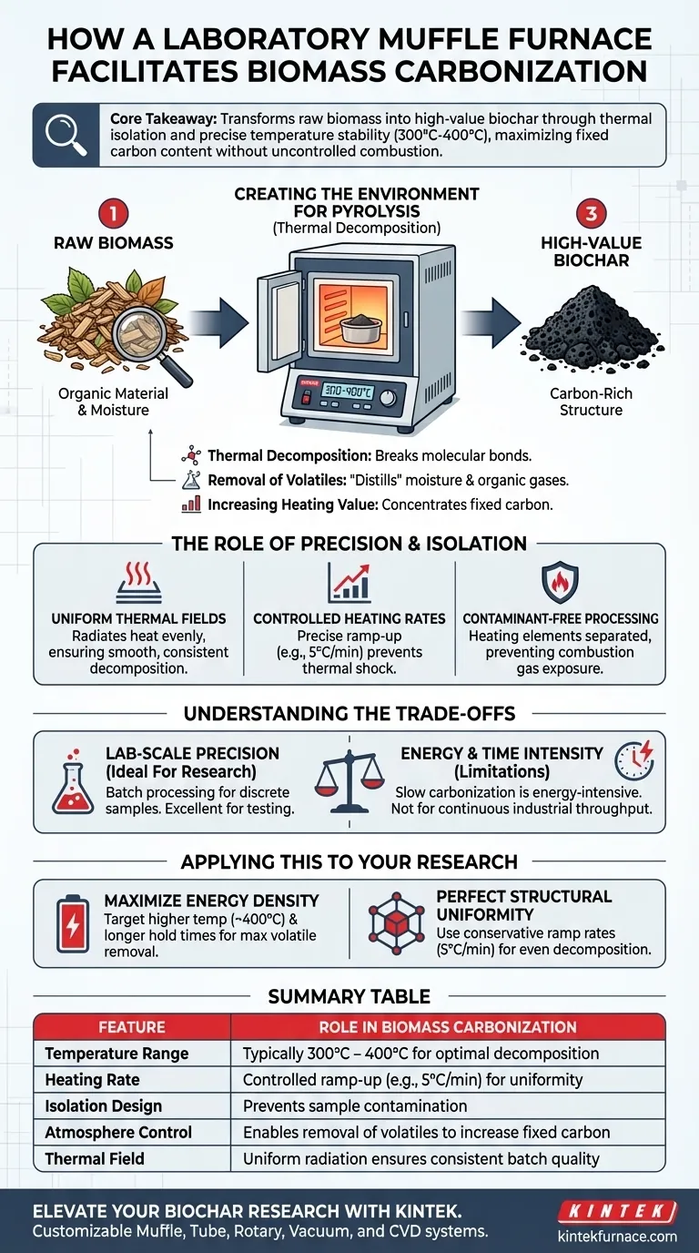 كيف يسهل فرن التلدين المختبري عملية كربنة الكتلة الحيوية؟ تحقيق إنتاج دقيق للفحم الحيوي دليل مرئي