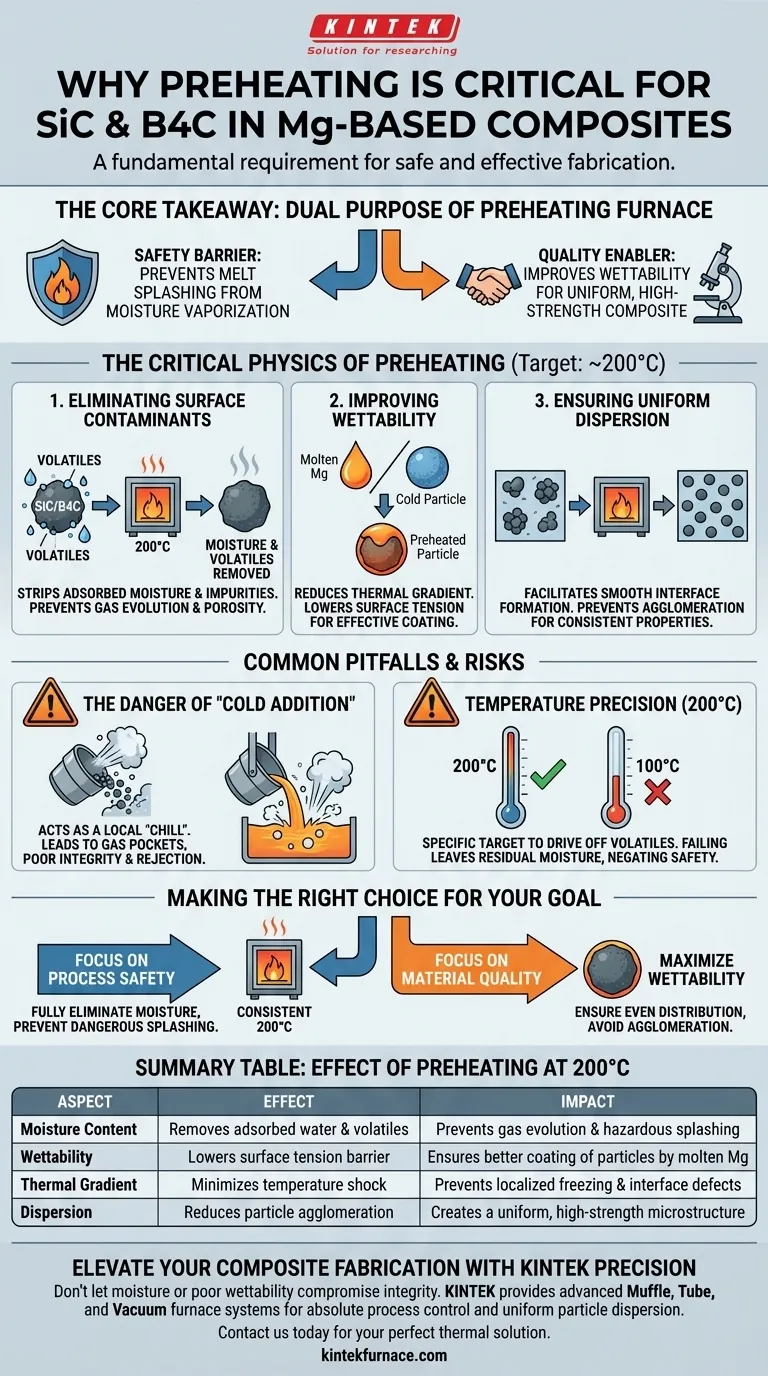 Perché è necessario utilizzare un forno di preriscaldamento per SiC e B4C? Garantire sicurezza e qualità nei compositi di magnesio Guida Visiva