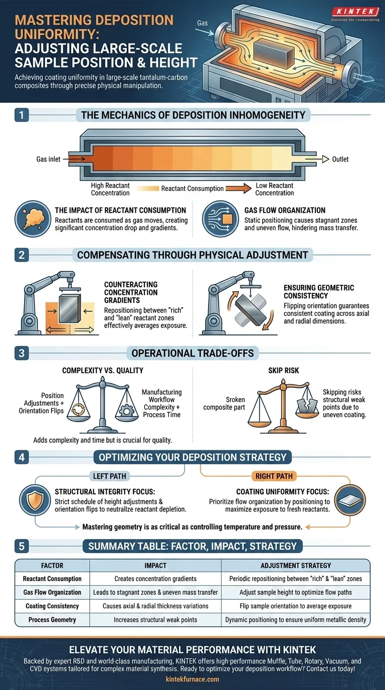 Perché è necessario regolare la posizione del campione nelle camere di deposizione per compositi di tantalio-carbonio su larga scala? Guida Visiva