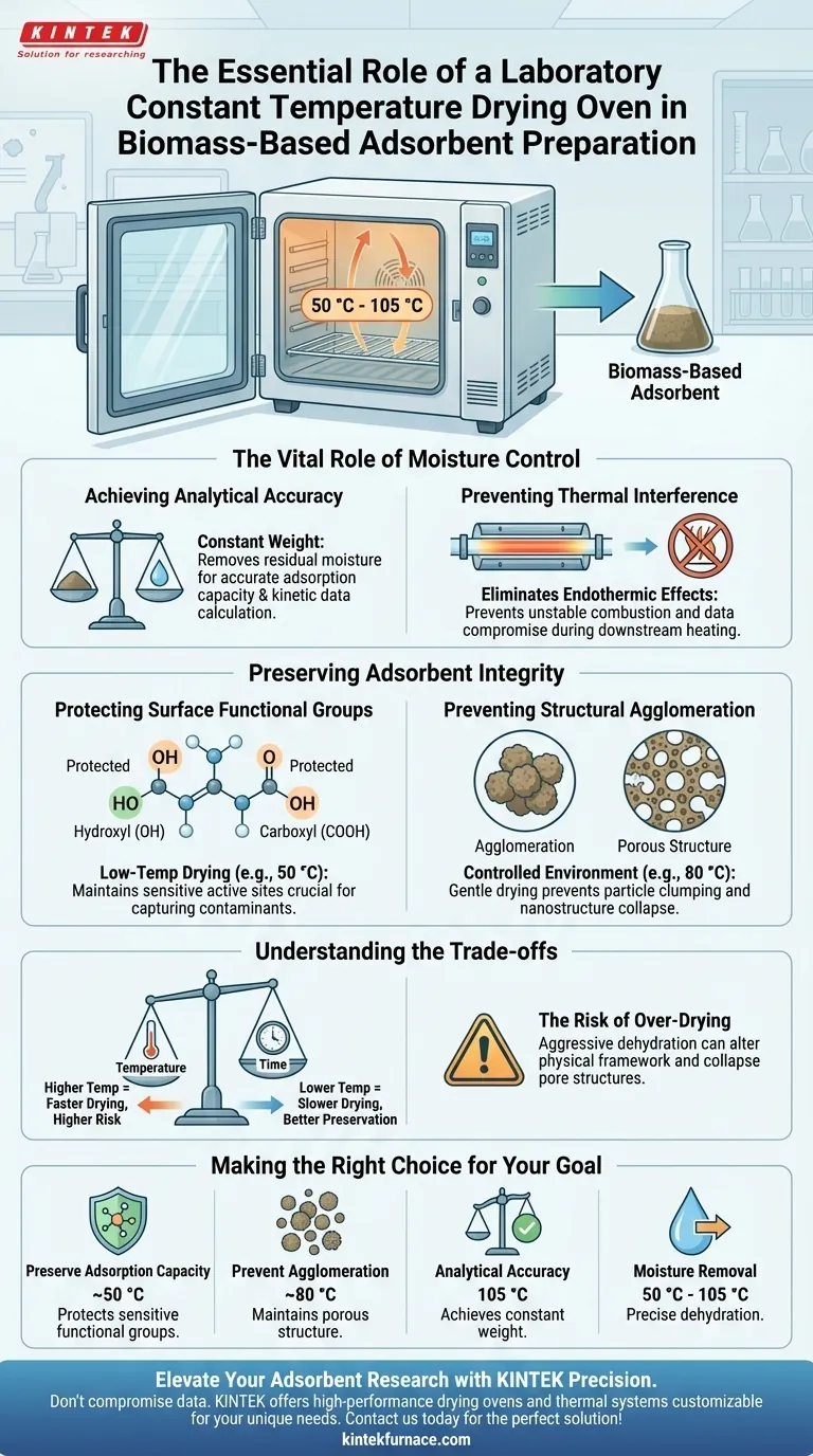 Por que um forno de secagem de temperatura constante de laboratório é necessário para adsorventes de biomassa? Garanta Precisão e Integridade Guia Visual