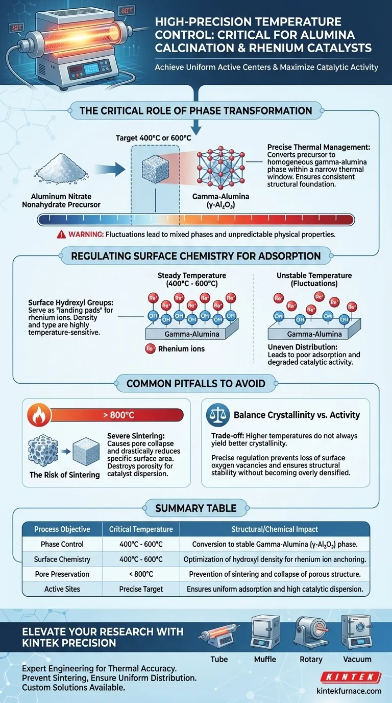 为什么管式炉中的高精度温度控制对铼催化剂至关重要？确保氧化铝的最佳煅烧 图解指南
