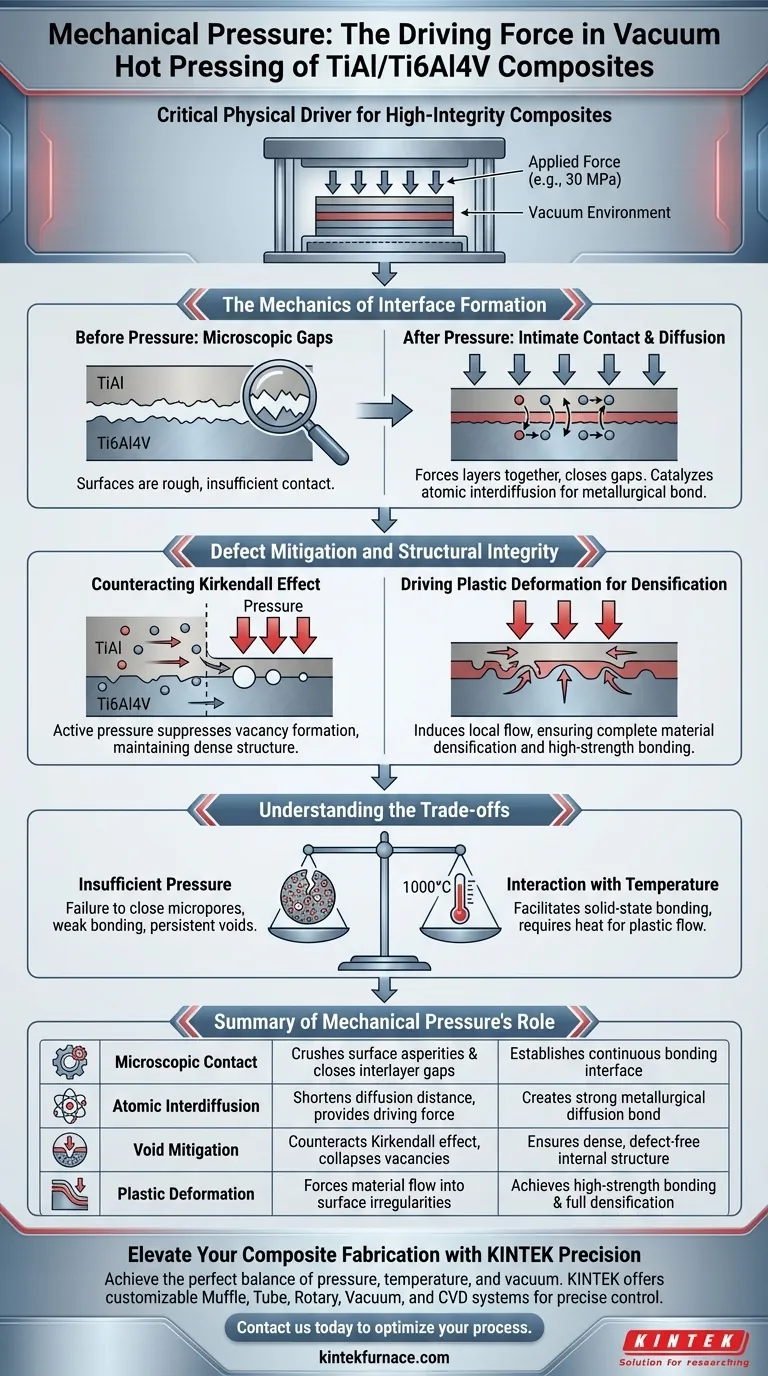 كيف يساهم تطبيق الضغط الميكانيكي في تكوين ضغط التفريغ الساخن لـ TiAl/Ti6Al4V؟ تحليل الخبراء دليل مرئي