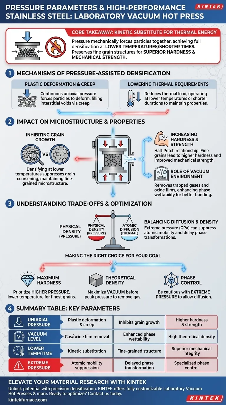 ¿Cómo influyen los parámetros de presión en una prensa de vacío en caliente sobre el acero inoxidable? Domina la densificación de alto rendimiento Guía Visual