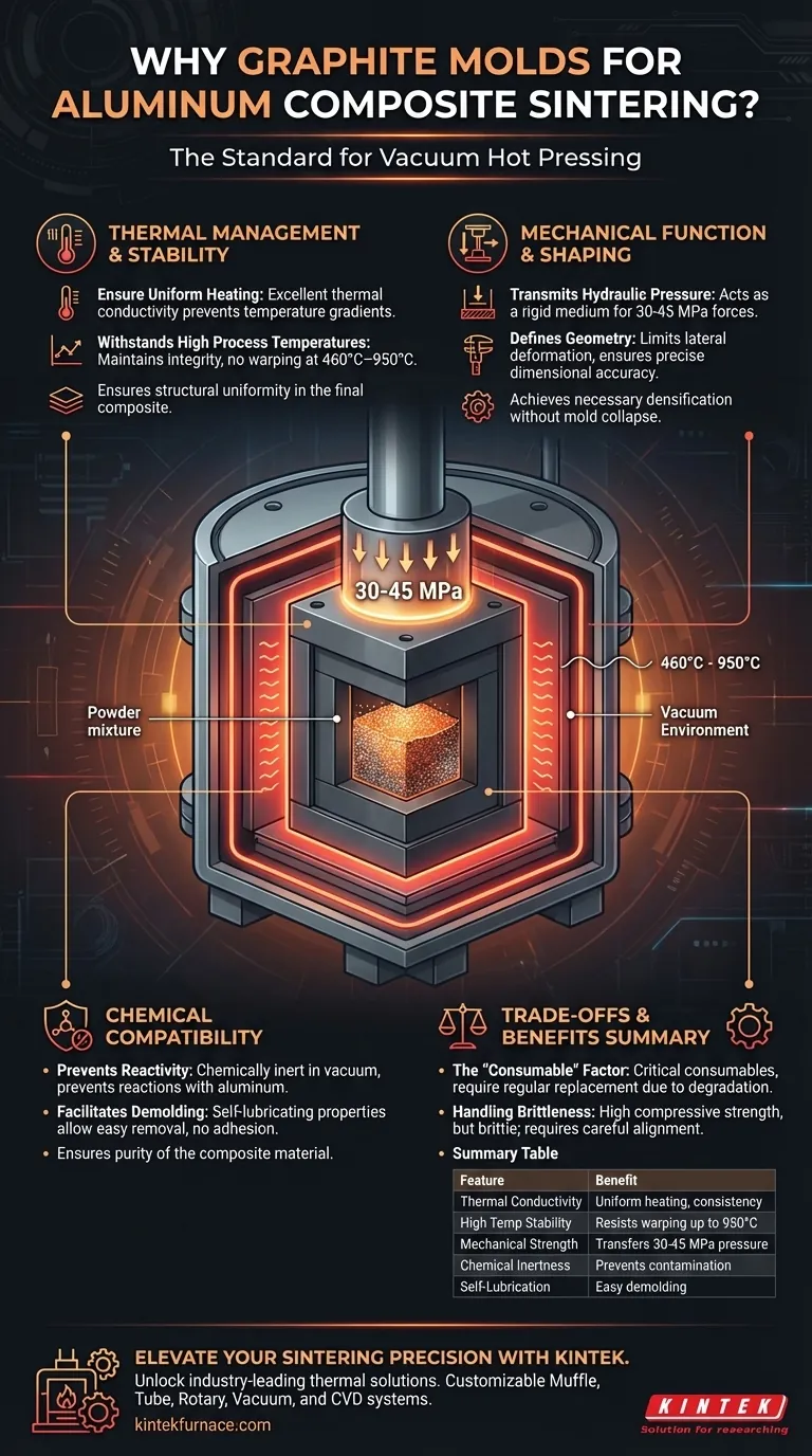 Por que os moldes de grafite são selecionados para a sinterização por prensagem a quente a vácuo de compósitos à base de alumínio? Insights de Especialistas Guia Visual