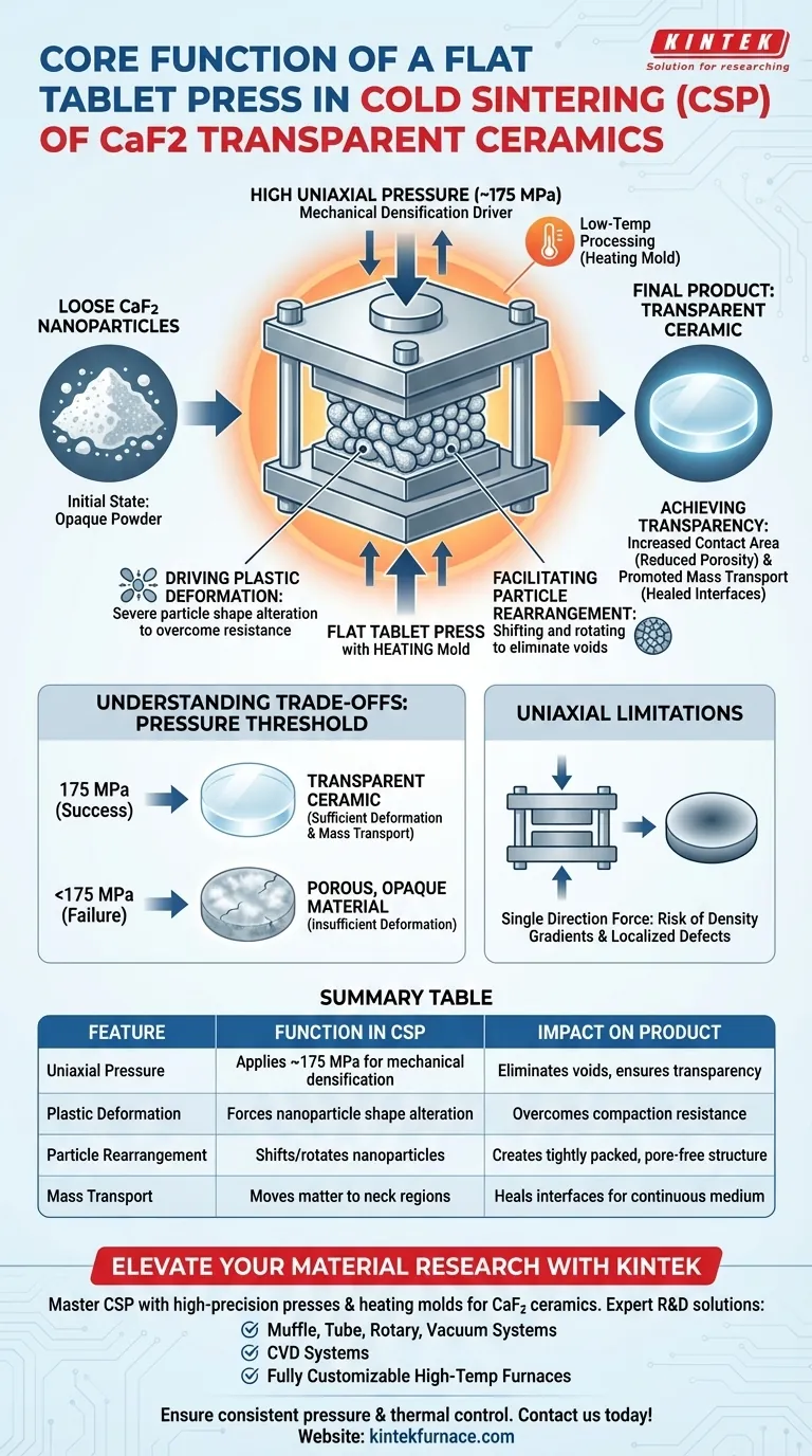 Was ist die Kernfunktion einer Flachtablettenpresse im CSP? Hoher Druck zur Verdichtung von CaF2-Keramiken Visuelle Anleitung
