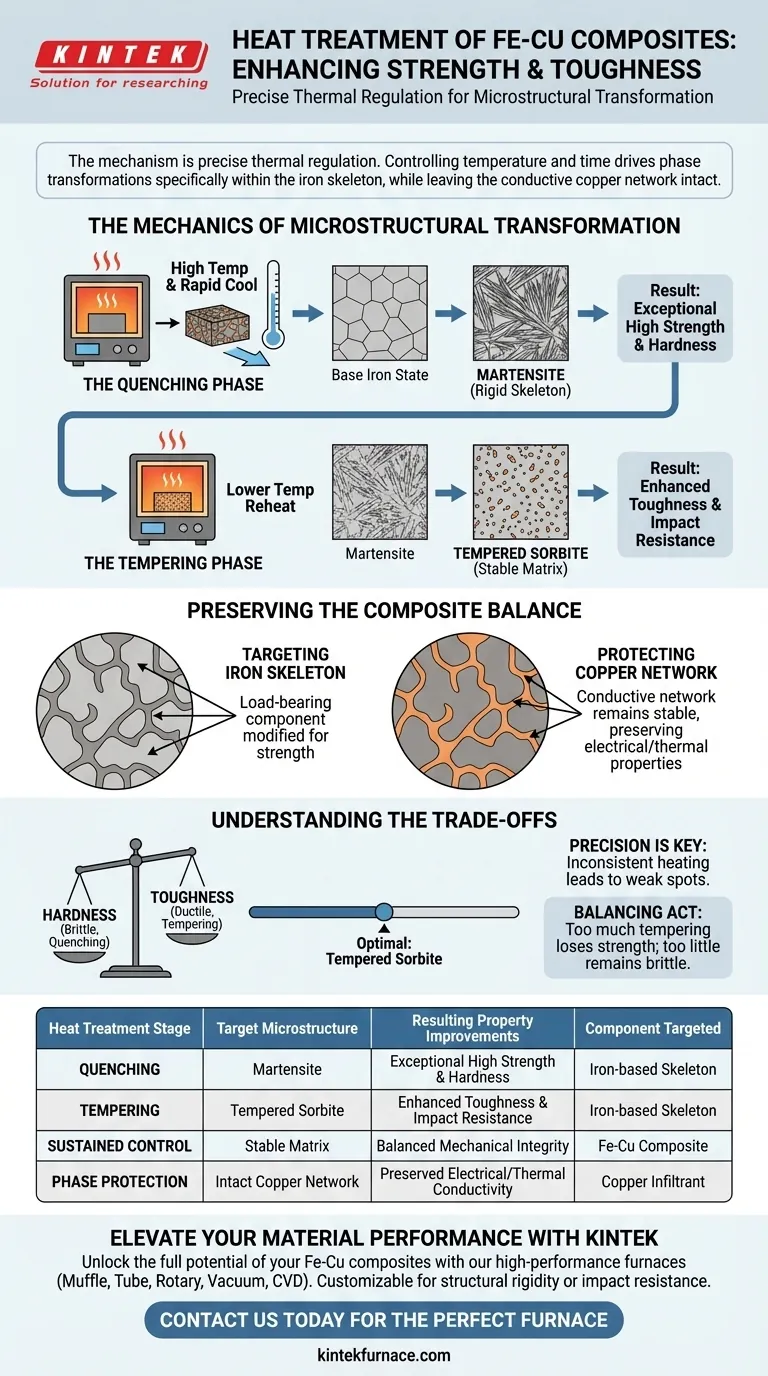 ¿Cómo modifica un horno de tratamiento térmico los composites de Fe-Cu? Mejora de la resistencia y la tenacidad mediante ciclos térmicos de precisión Guía Visual