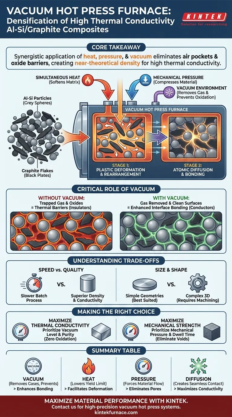 ¿Cómo facilita un horno de prensado en caliente al vacío la densificación de Al-Si/grafito? Lograr una densidad térmica del 100% Guía Visual
