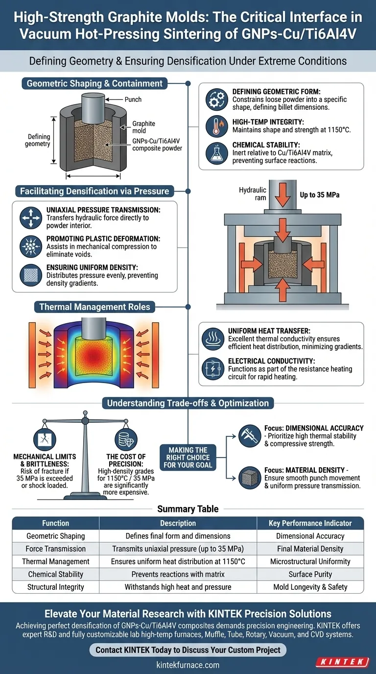 Quais são as funções primárias dos moldes de grafite de alta resistência? Otimizar a sinterização por prensagem a quente de GNPs-Cu/Ti6Al4V Guia Visual