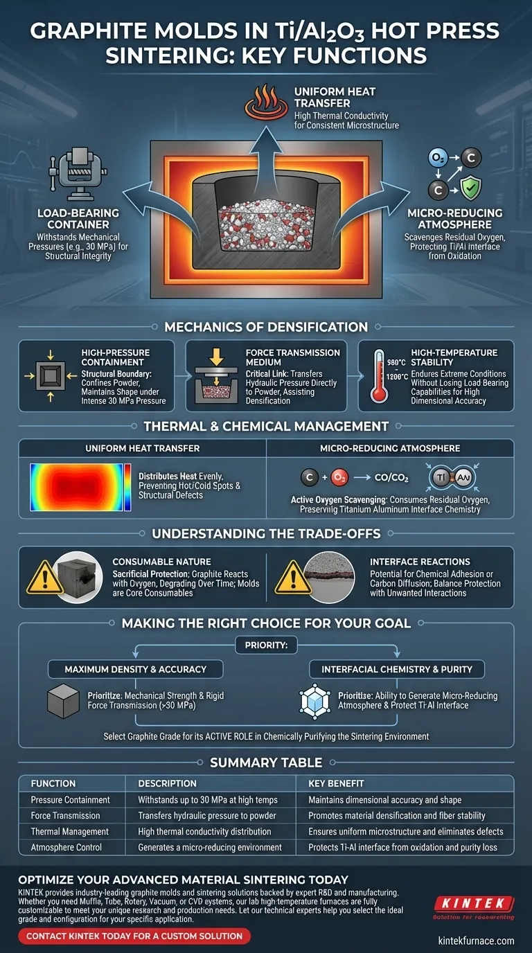 ¿Qué funciones clave desempeñan los moldes de grafito durante el sinterizado por prensado en caliente? Mejora la calidad del composite Ti/Al2O3 Guía Visual