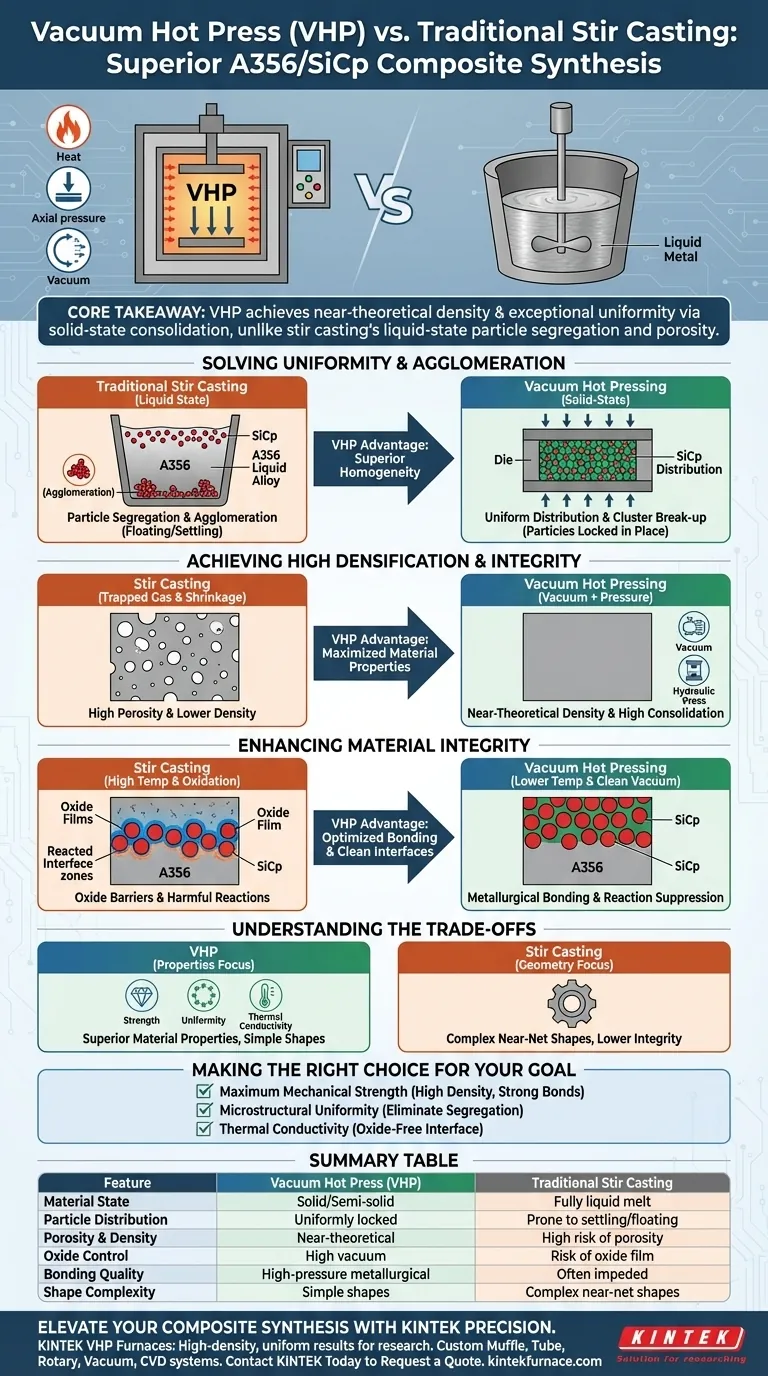 ¿Por qué se prefiere un horno de prensado en caliente al vacío (VHP) sobre el moldeo por agitación? Lograr una densidad cercana a la teórica para compuestos Guía Visual