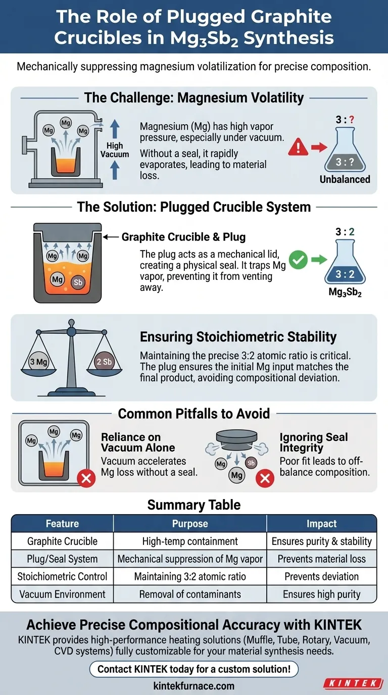 What is the specific purpose of using a graphite crucible equipped with a plug during the melting process of Mg3Sb2? Visual Guide