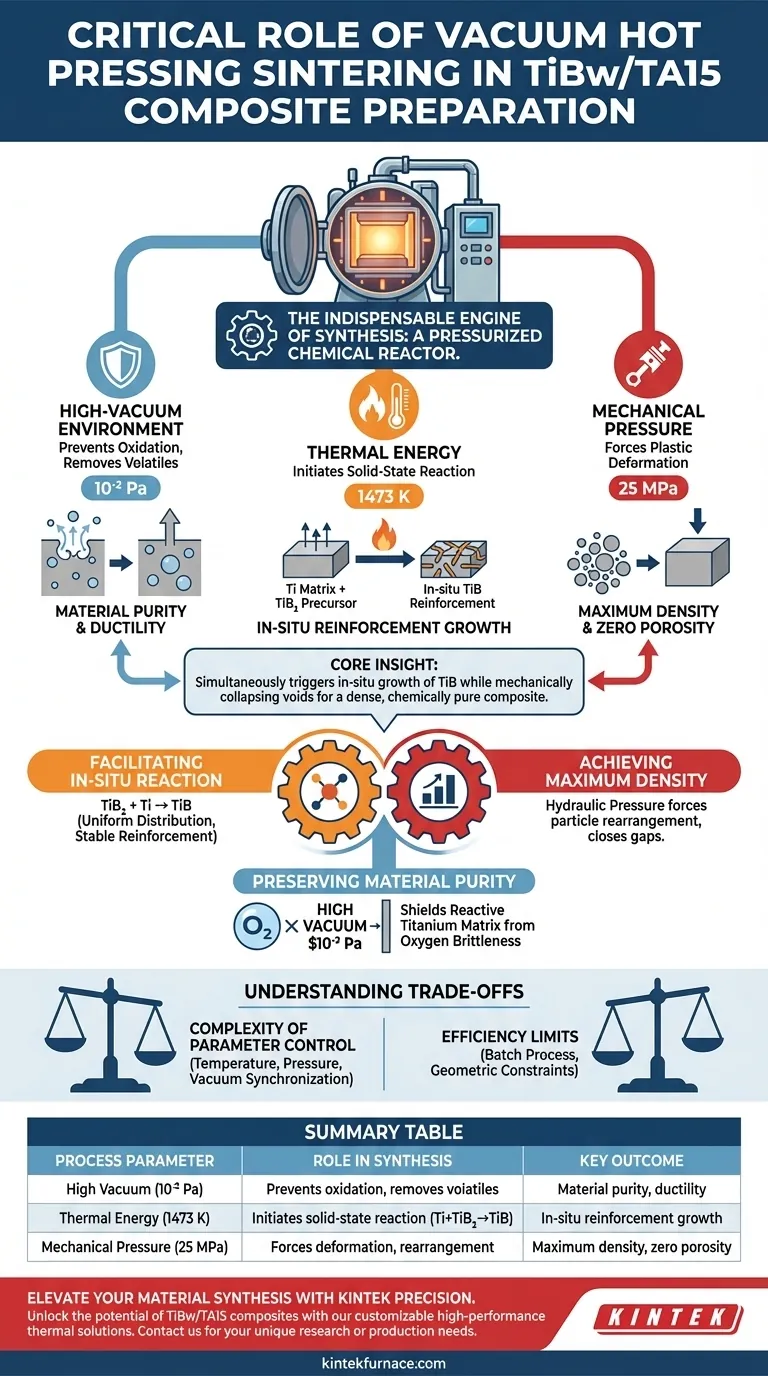Welche Rolle spielt ein Vakuum-Heißpresssinterofen bei der Synthese von TiBw/TA15? Verbesserung der Leistung von In-Situ-Verbundwerkstoffen Visuelle Anleitung