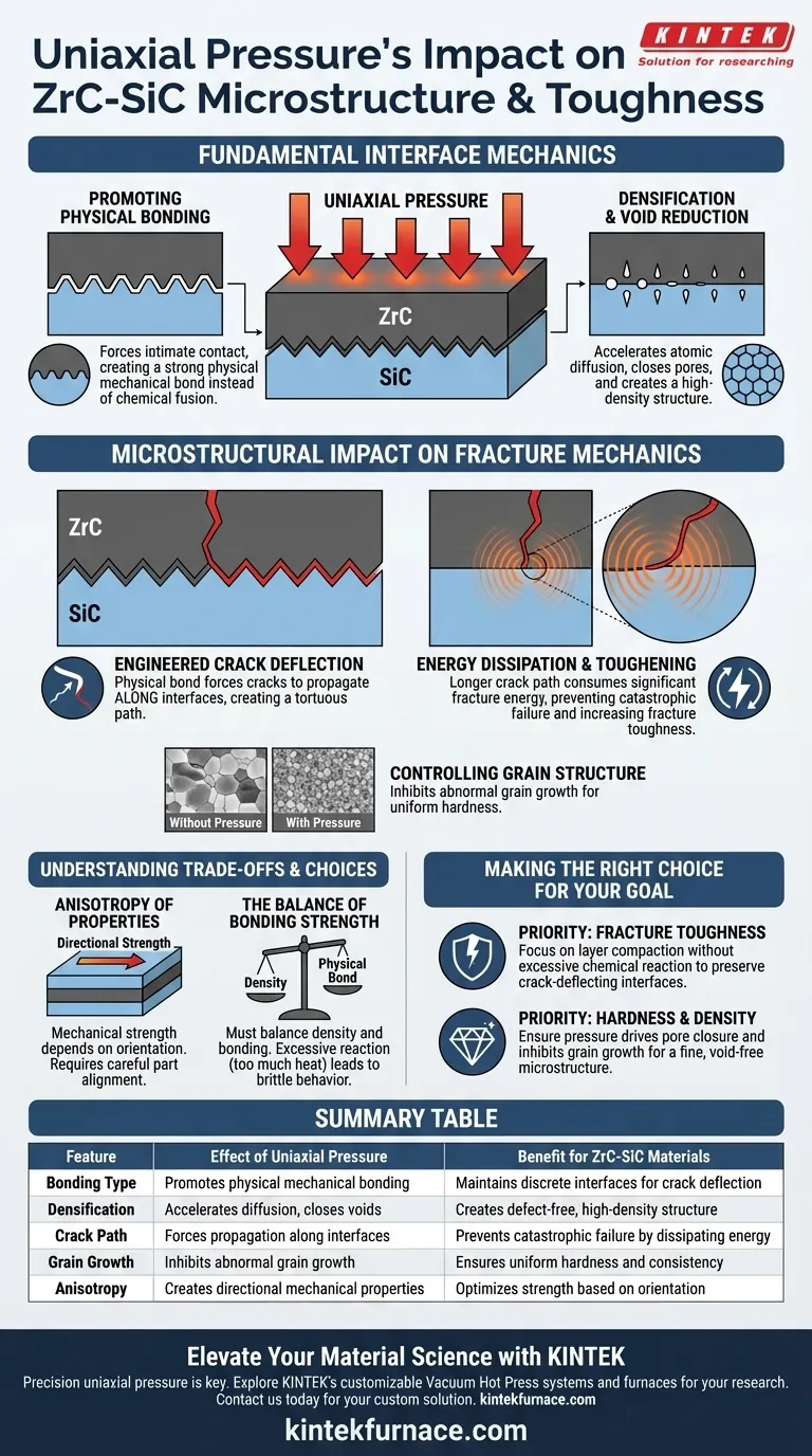 كيف يؤثر الضغط أحادي المحور المطبق بواسطة فرن الضغط الساخن بالفراغ على البنية المجهرية لمواد ZrC-SiC؟ دليل مرئي