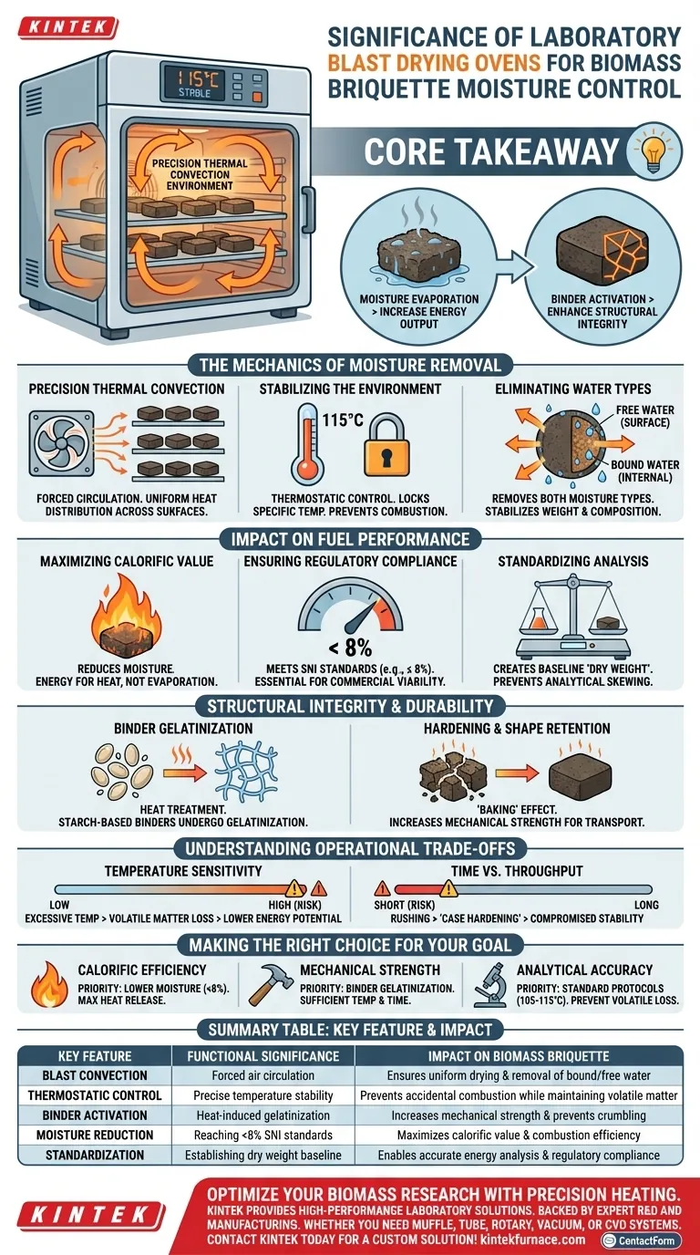 ¿Cuál es la importancia de utilizar un horno de secado por explosión eléctrico termostático de laboratorio para el control de la humedad de los briquetas de biomasa? Guía Visual