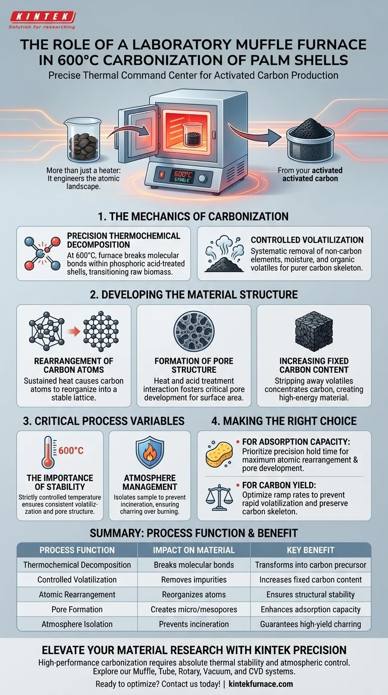 ¿Qué papel juega un horno mufla en la carbonización a 600°C de cáscaras de palma? Desbloquee carbón activado de alto rendimiento Guía Visual