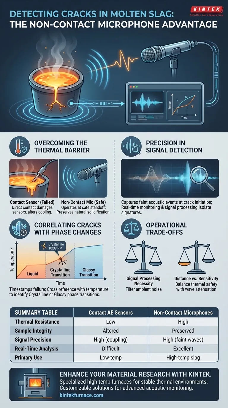 In che modo un microfono non a contatto ad alta sensibilità aiuta a rilevare le fessure durante la solidificazione della scoria fusa? Guida Visiva