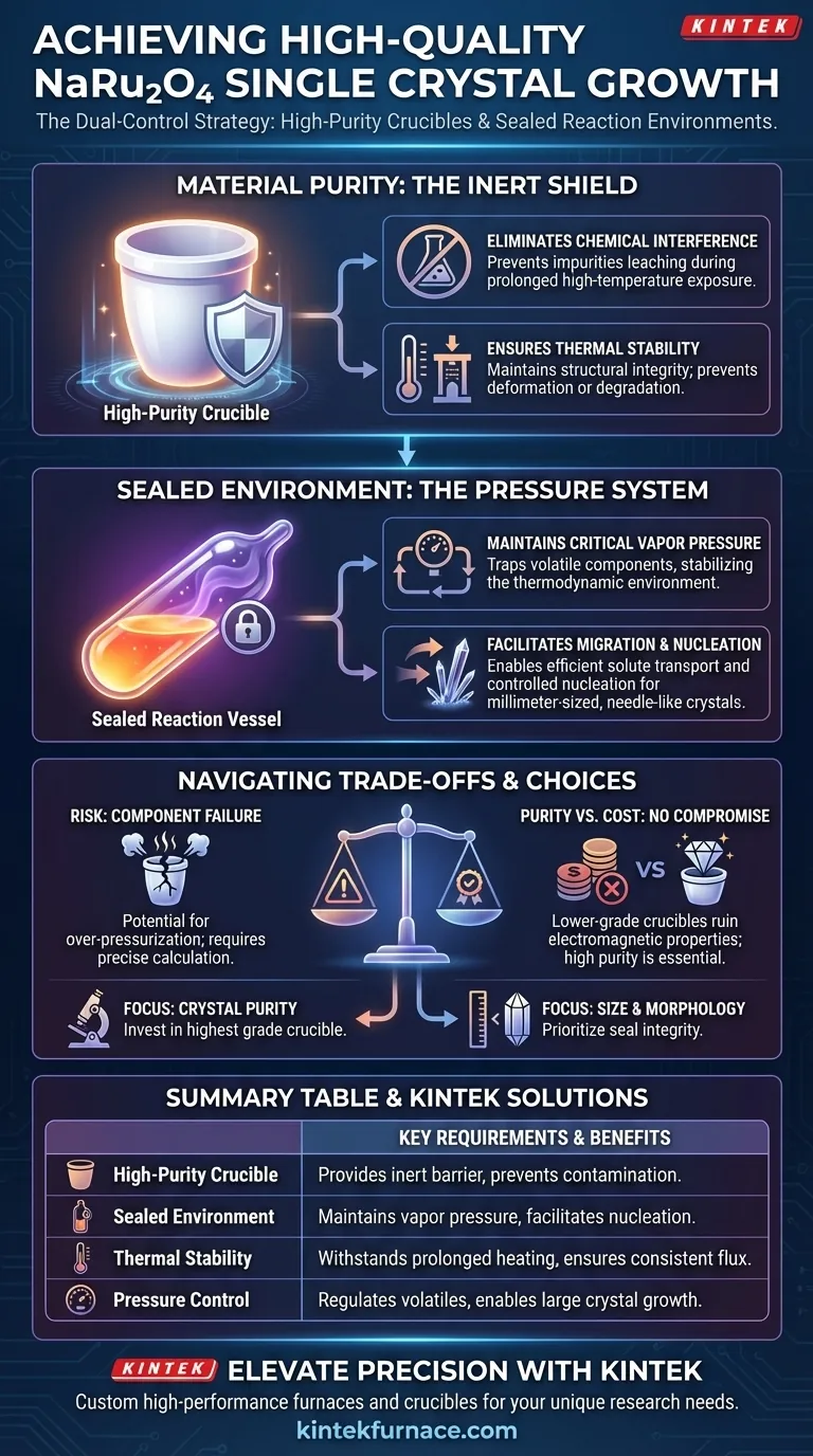 NaRu2O4 성장에 고순도 도가니와 밀폐된 반응 환경이 필요한 이유는 무엇인가요? 결정 무결성 보장 시각적 가이드