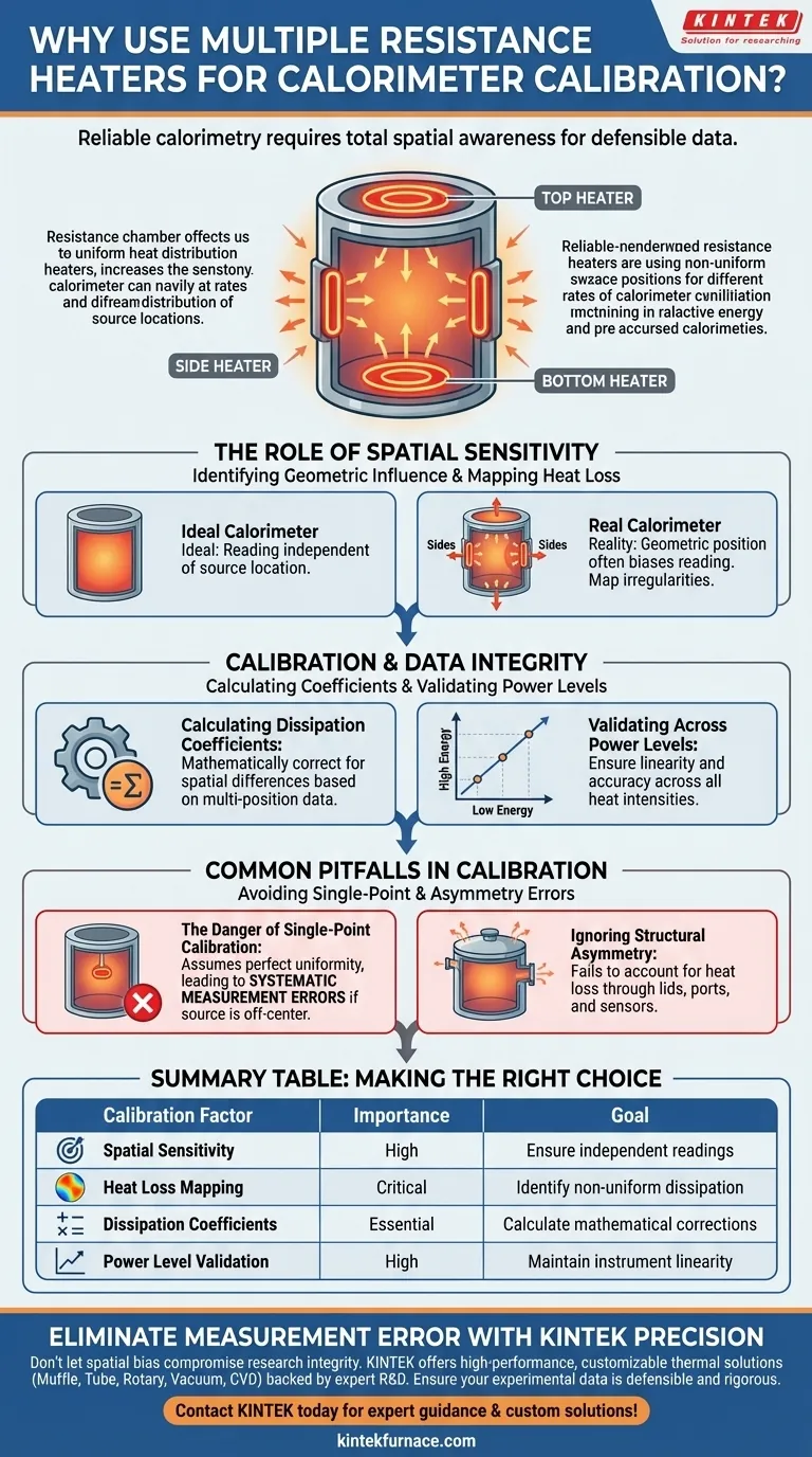Por que vários conjuntos de resistências de aquecimento são usados em posições variadas para a calibração do calorímetro? Garanta a Precisão Espacial Guia Visual