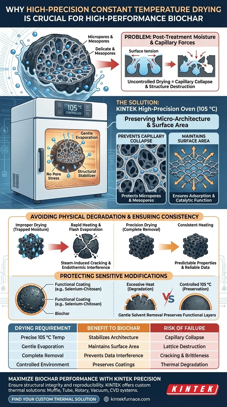 Perché è necessario un forno di essiccazione a temperatura costante ad alta precisione per il biochar? Proteggere le delicate strutture dei pori Guida Visiva