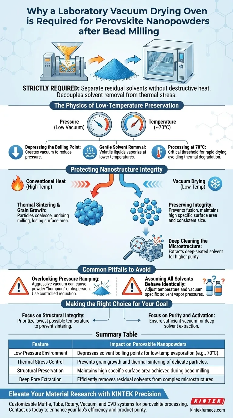 ¿Por qué se requiere un horno de secado al vacío de laboratorio para nanopartículas de perovskita? Salvaguardar la nanoestructura y la pureza Guía Visual