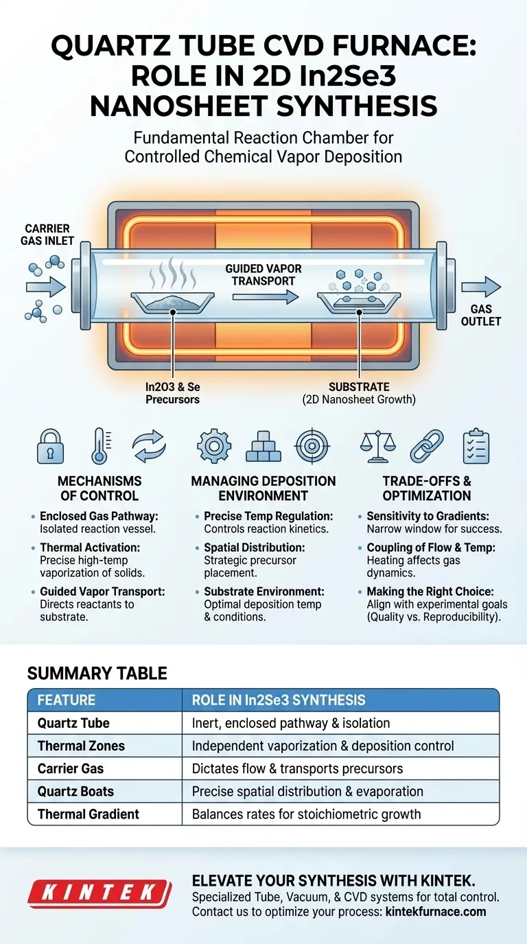 2D In2Se3 나노시트 합성에 있어 석영관 CVD로의 역할은 무엇인가요? 전문가 합성 가이드 시각적 가이드