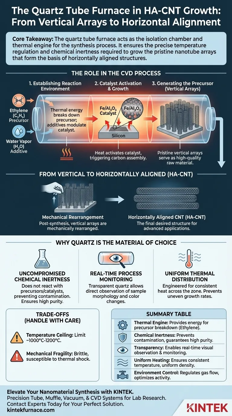 ¿Cuál es la función de un horno de tubo de cuarzo durante el crecimiento de HA-CNT? Guía esencial para CVD de precisión Guía Visual