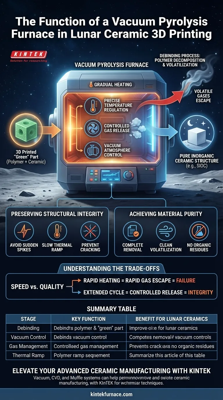 Qual é a função de um forno de pirólise a vácuo na impressão 3D de cerâmica lunar? Soluções de Desaglomeração de Alta Precisão Guia Visual