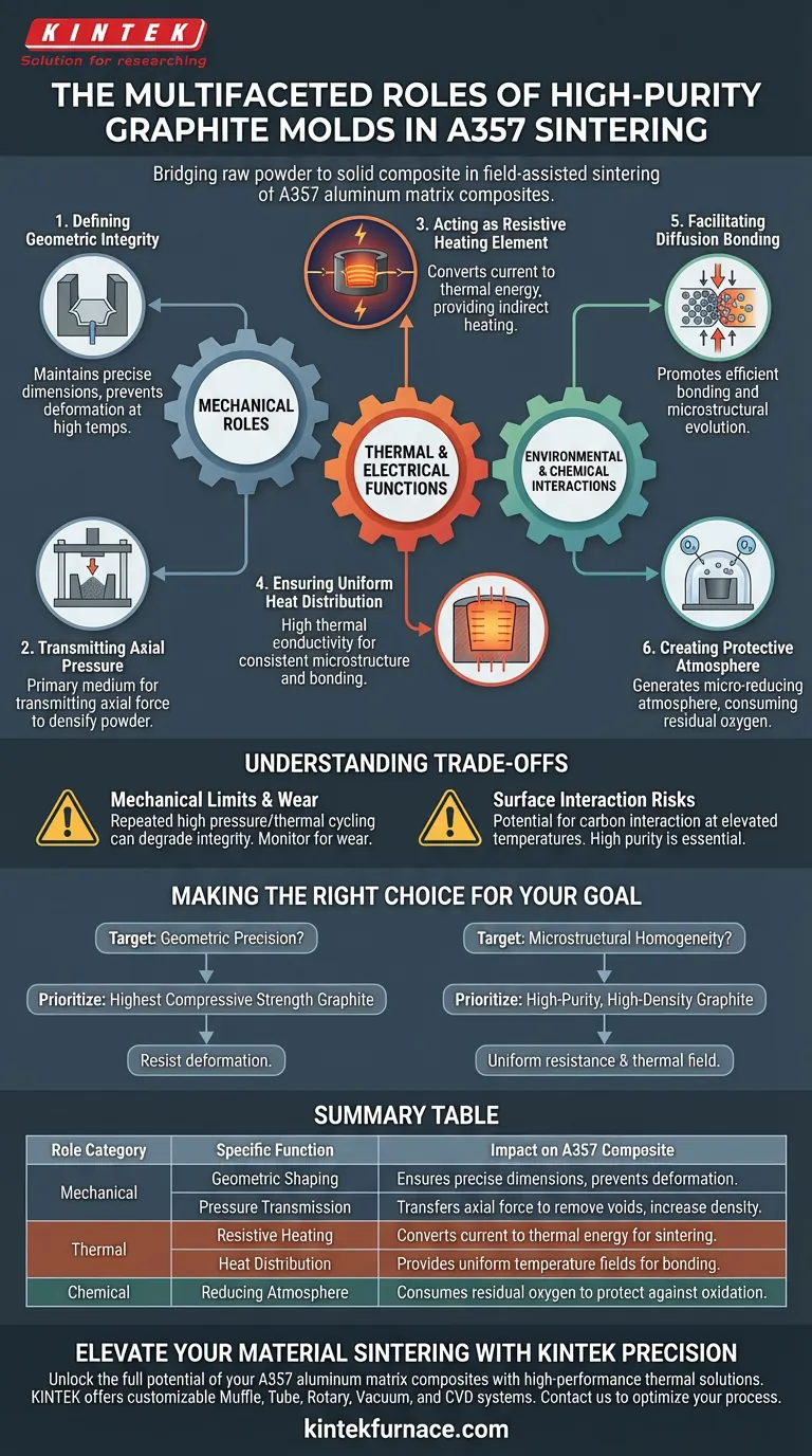 Quali ruoli svolgono gli stampi in grafite ad alta purezza nella sinterizzazione dell'A357? Migliorare le prestazioni dei compositi a matrice di alluminio Guida Visiva