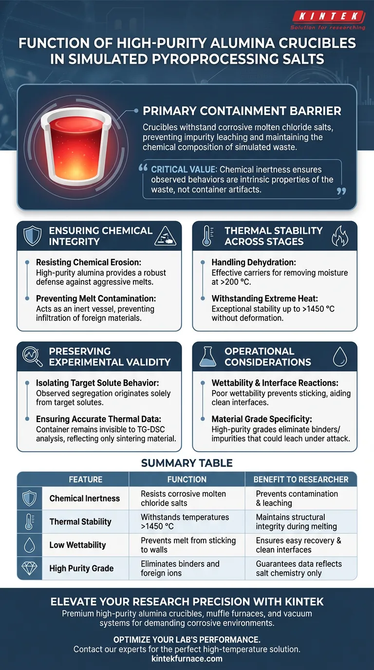 Qual é a função dos cadinhos de alumina de alta pureza? Obtenha Resultados Precisos na Pesquisa de Sais de Piroprocessamento Guia Visual