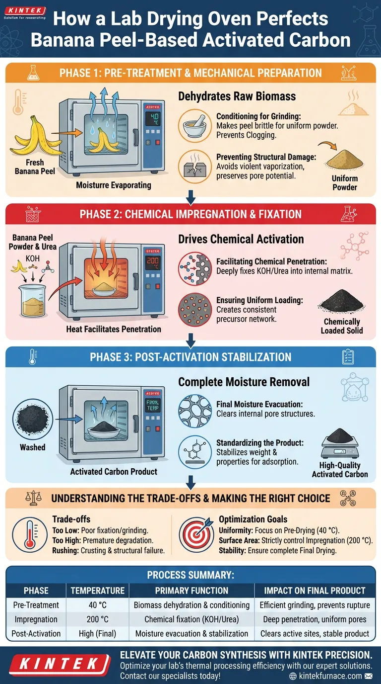 バナナピール活性炭における実験用乾燥オーブンの主な機能は何ですか？すべてのプロセスステップを最適化する ビジュアルガイド