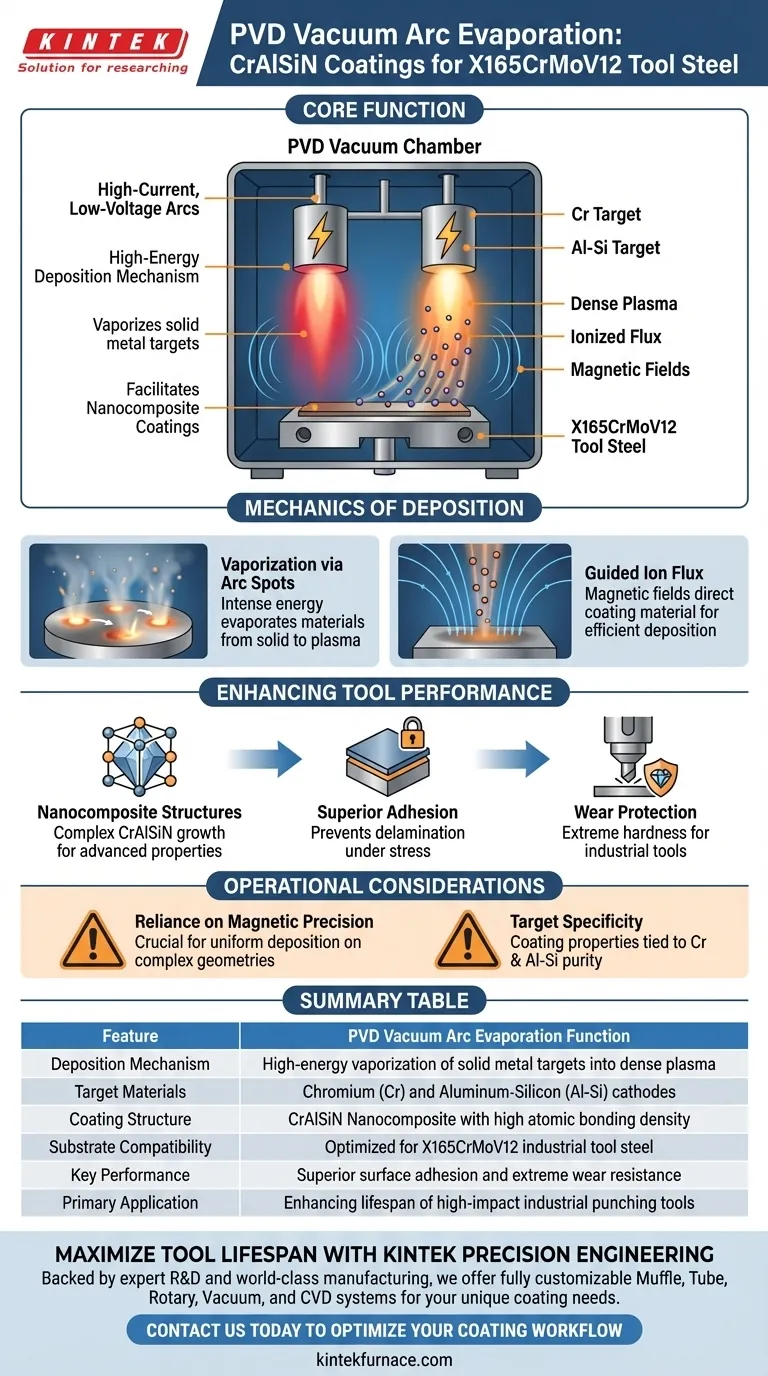 Quelle est la fonction de l'évaporation par arc sous vide PVD pour les revêtements CrAlSiN ? Améliorer la durabilité des outils grâce à un plasma à haute énergie Guide Visuel