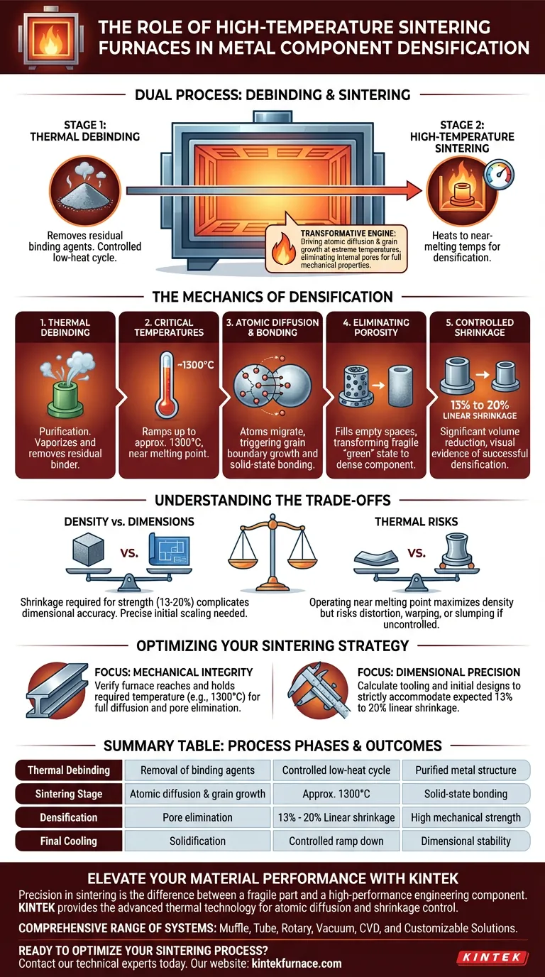 Qual é a função de um forno de sinterização de alta temperatura? Alcançar a densificação completa para componentes metálicos Guia Visual