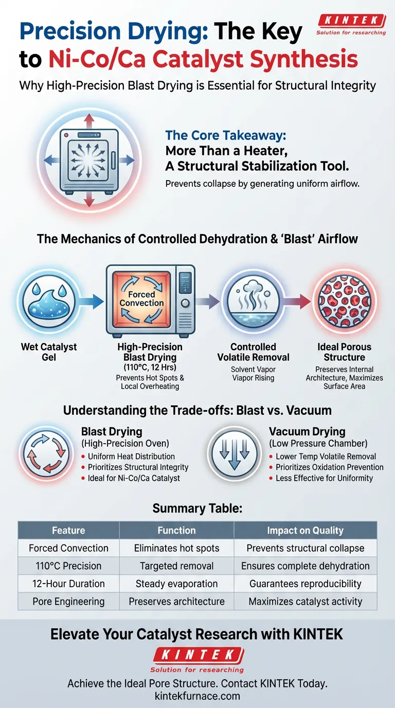 ¿Por qué se utiliza un horno de secado por aire forzado de alta precisión para la preparación de catalizadores Ni-Co/Ca? Garantizar la integridad estructural Guía Visual
