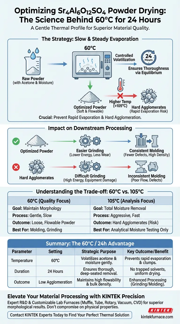 ¿Por qué un horno de secado a temperatura constante se ajusta a 60 °C durante 24 horas? Optimización de la calidad del polvo de Sr4Al6O12SO4 Guía Visual