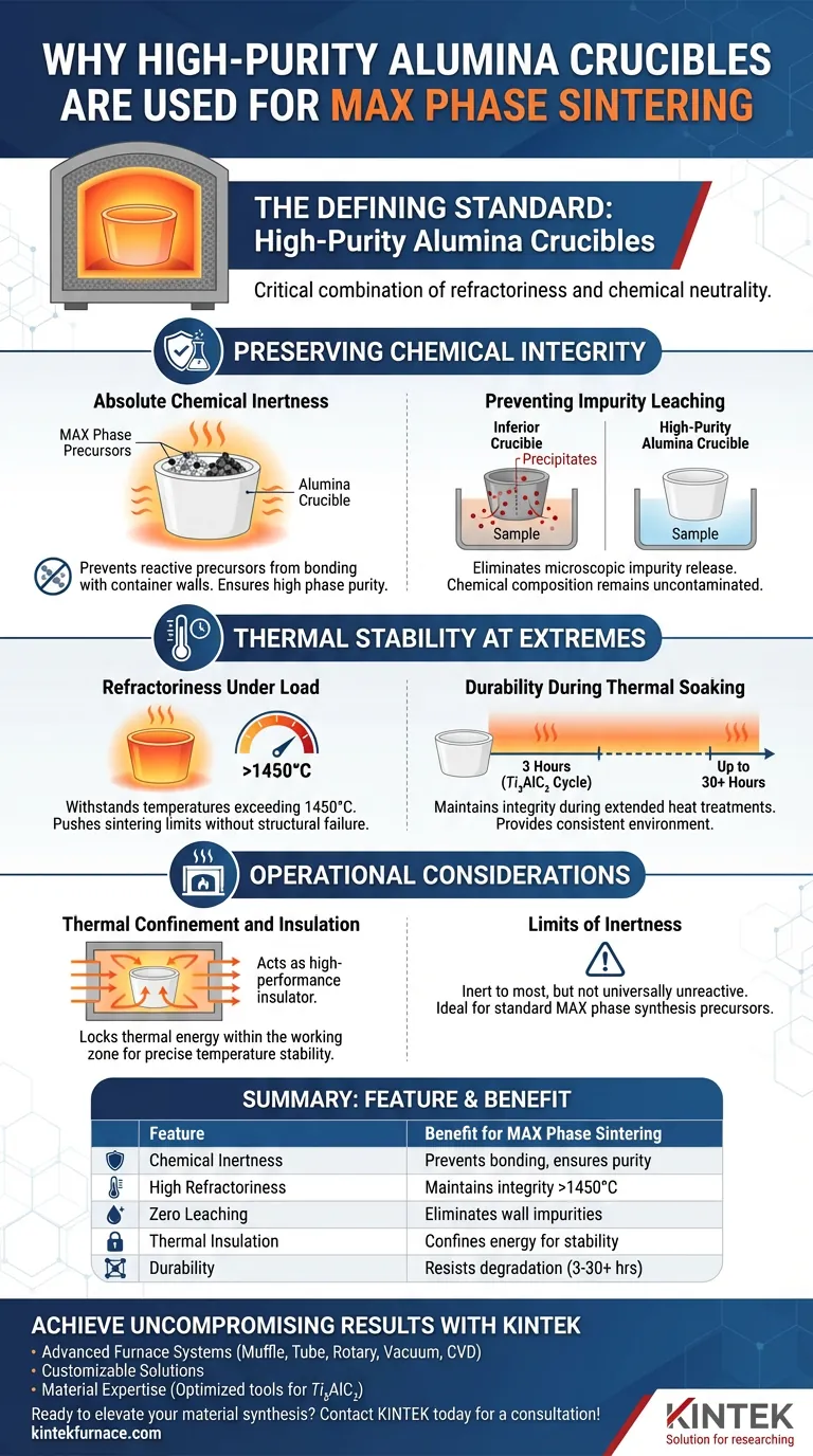 ¿Por qué se utilizan crisoles de alúmina de alta pureza para el sinterizado de fases MAX? Garantice la pureza en la síntesis a alta temperatura Guía Visual