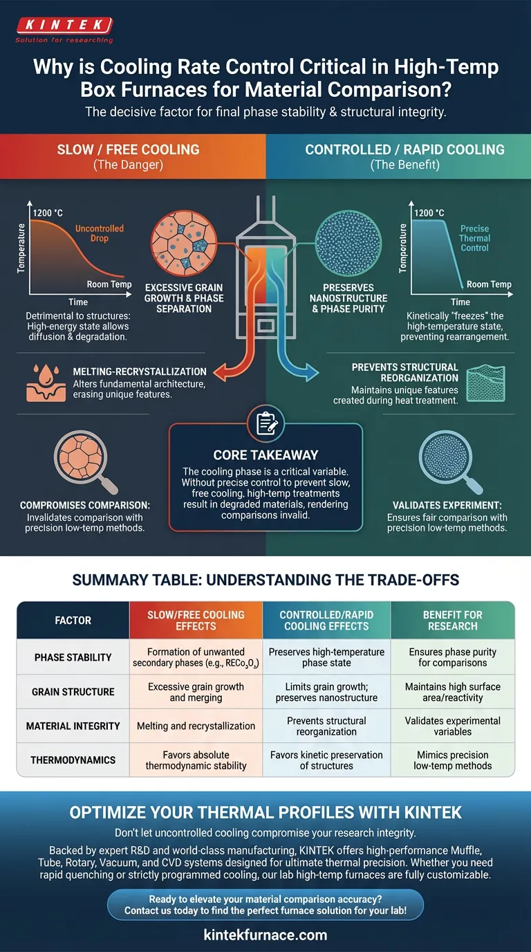 Perché il controllo della velocità di raffreddamento è fondamentale nei forni a scatola ad alta temperatura? Garantire un confronto preciso dei materiali e la stabilità di fase Guida Visiva