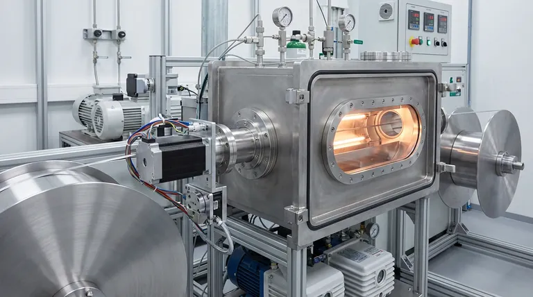 ¿Cómo funcionan juntos el motor paso a paso y el pasamuros de vacío de movimiento rotatorio en una línea de producción R2R de CNT?