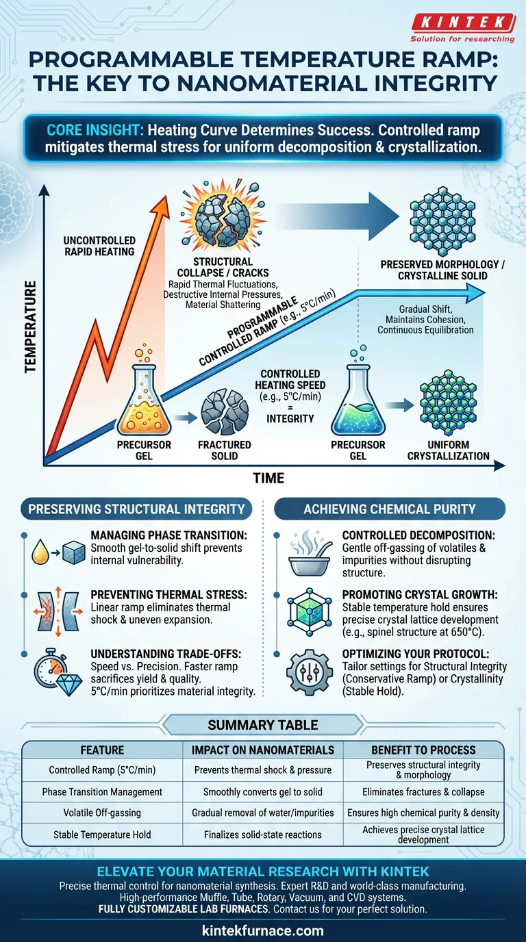 ¿Por qué es esencial una velocidad de rampa de temperatura programable en las operaciones de hornos mufla para precursores de nanomateriales? Guía Visual
