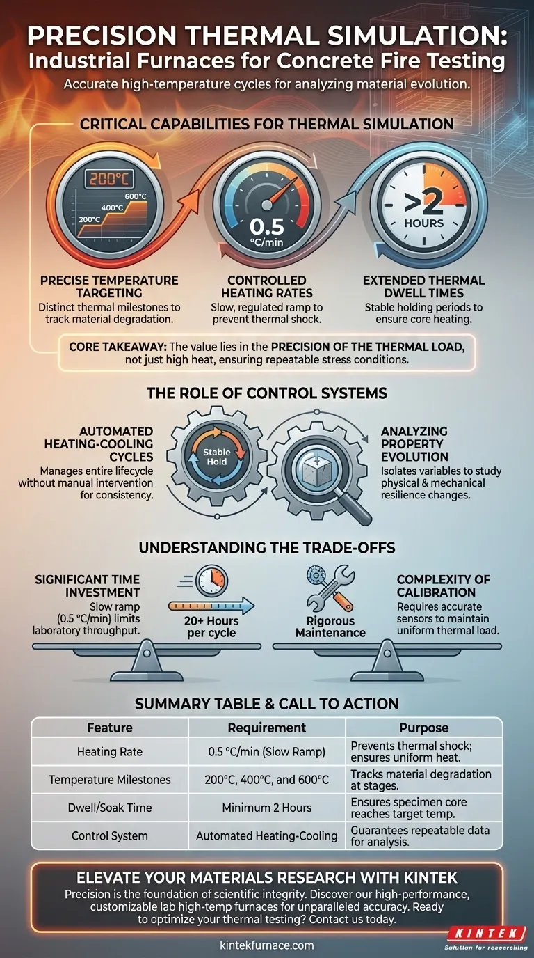 ¿Qué funciones específicas debe realizar un horno eléctrico industrial para la prueba de fuego de hormigón? Ciclos térmicos maestros Guía Visual