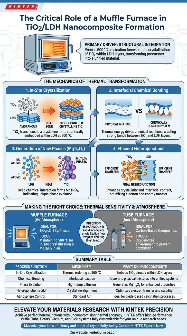 Qual é o papel crítico de um forno mufla de alta temperatura em laboratório no TiO2/LDH? Desbloqueie a Cristalização Superior Guia Visual