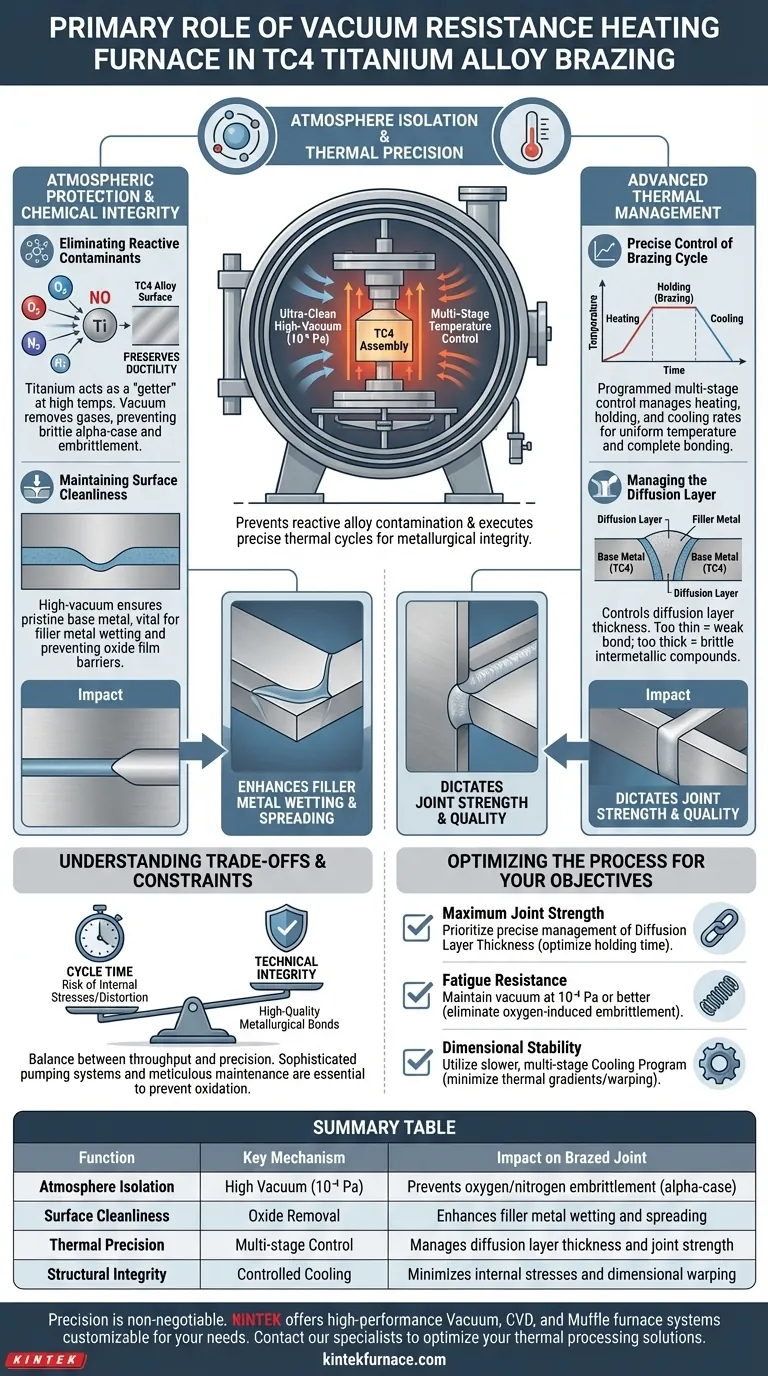 ¿Cuál es la función principal de un horno de resistencia de vacío en el proceso de soldadura fuerte de la aleación de titanio TC4? Guía Visual