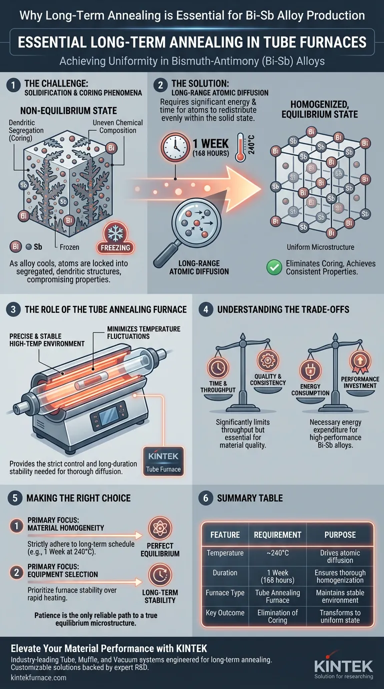 Por que um processo de recozimento de longo prazo em um forno tubular é essencial para a liga Bi-Sb? Alcançar homogeneidade do material Guia Visual