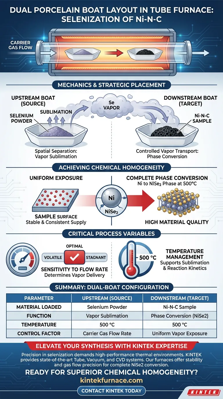 Quel rôle joue une disposition de double creuset en porcelaine dans un four tubulaire ? Améliorer la sélénisation Ni-N-C par contrôle spatial Guide Visuel