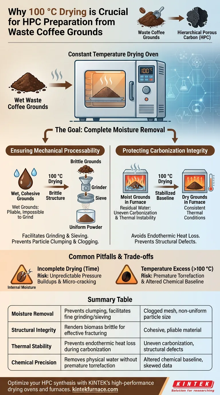 为什么在制备HPC时使用100°C的恒温干燥箱？确保最佳碳化效果 图解指南