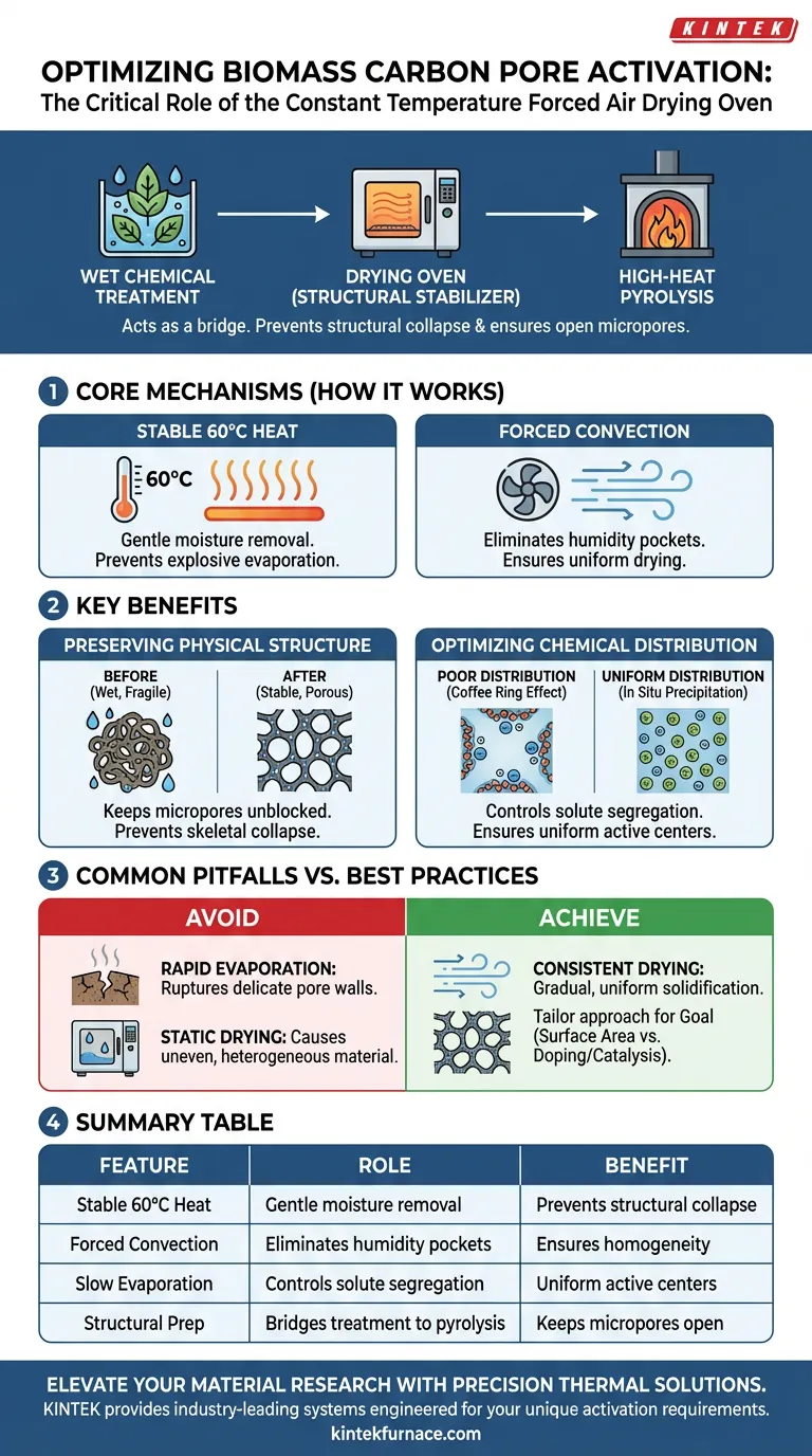 Como um forno de secagem por ar forçado a temperatura constante contribui para o processo de ativação de poros do carbono de biomassa? Guia Visual