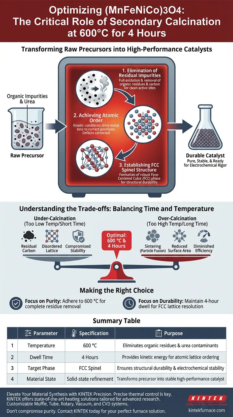 Por que os materiais (MnFeNiCo)3O4 devem passar por uma calcinação secundária? Etapas-chave para otimizar a estrutura de espinélio FCC Guia Visual