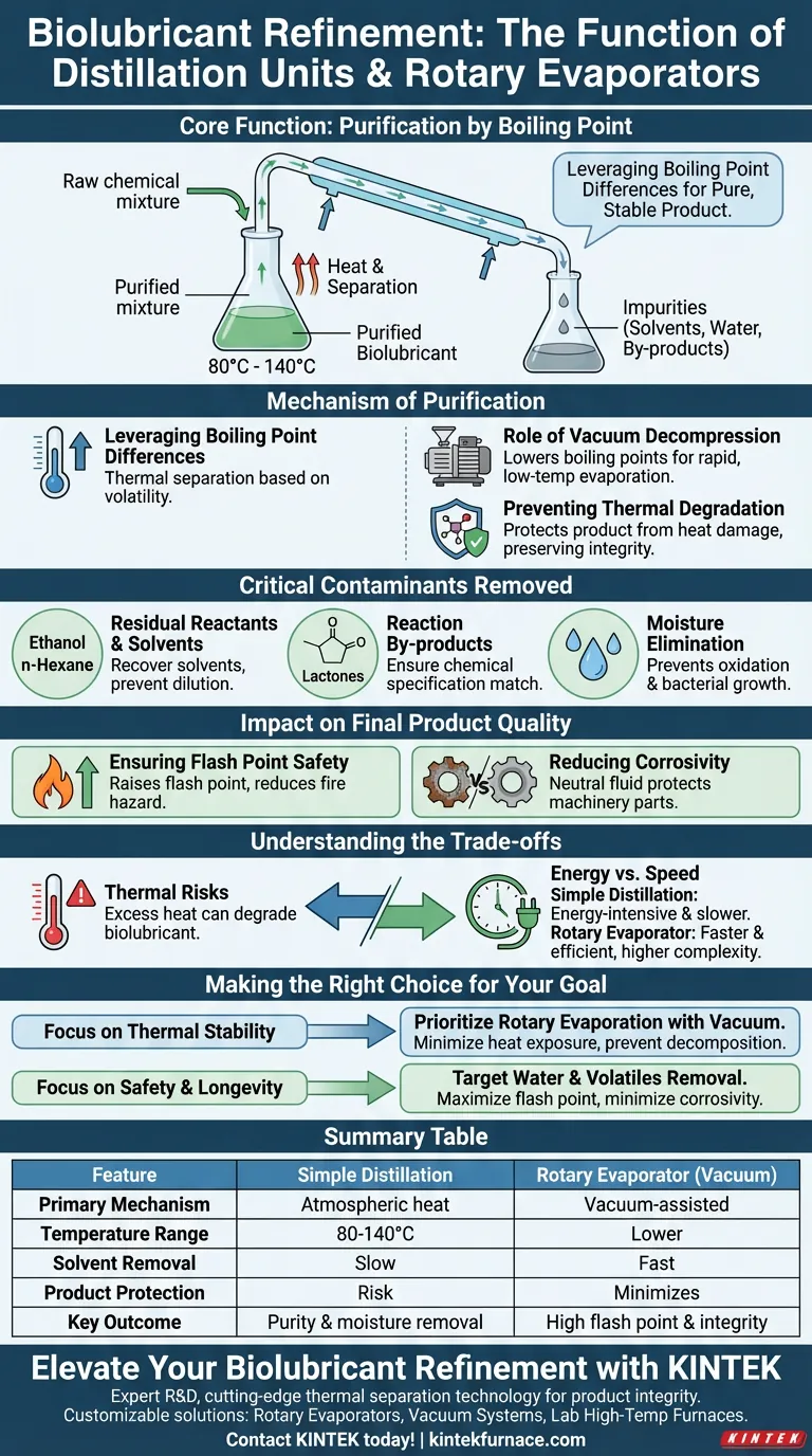 ¿Cuál es la función de una unidad de destilación simple o un evaporador rotatorio en la producción de biolubricantes? Optimizar el Refinamiento Guía Visual