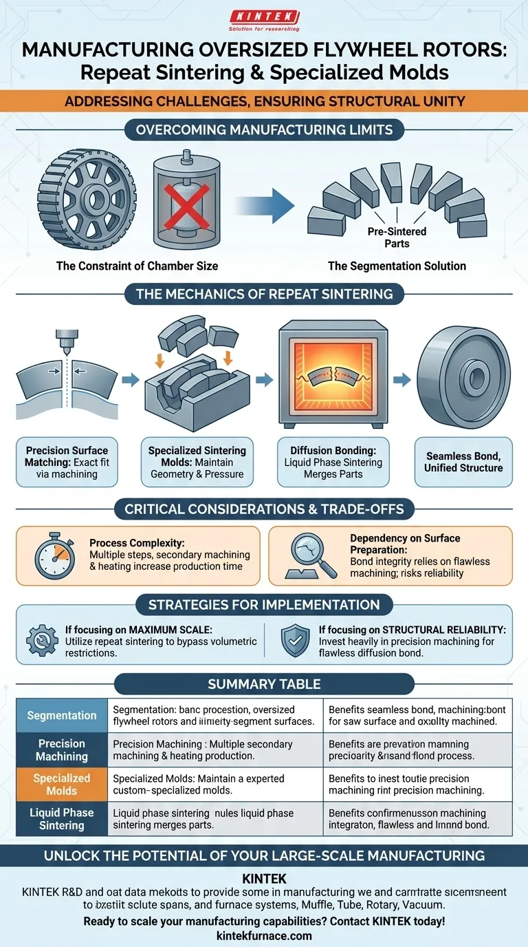 ¿Cómo abordan los procesos de sinterización repetida y los moldes de sinterización especializados los desafíos técnicos de la fabricación de componentes de rotor de volante de inercia de gran tamaño? Ampliar escala e integridad Guía Visual