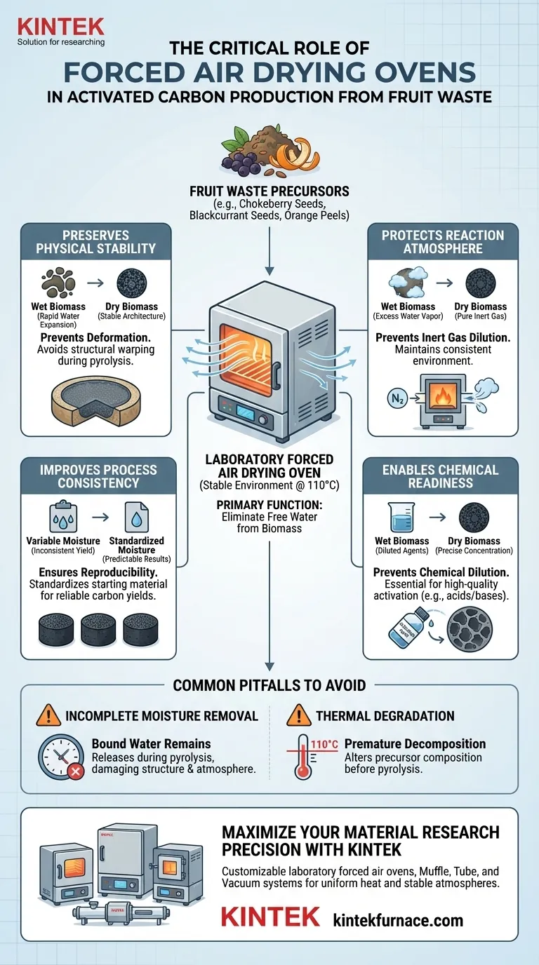 Qual é a função de um Forno de Secagem a Ar Forçado de Laboratório no pré-tratamento de resíduos de frutas? Garante Rendimentos Superiores de Carbono Guia Visual
