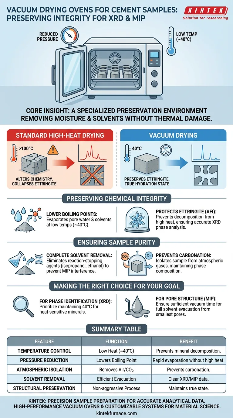 Qual é a função de um forno de secagem a vácuo em testes de cimento? Preservar a integridade da amostra para Análise XRD/MIP Guia Visual